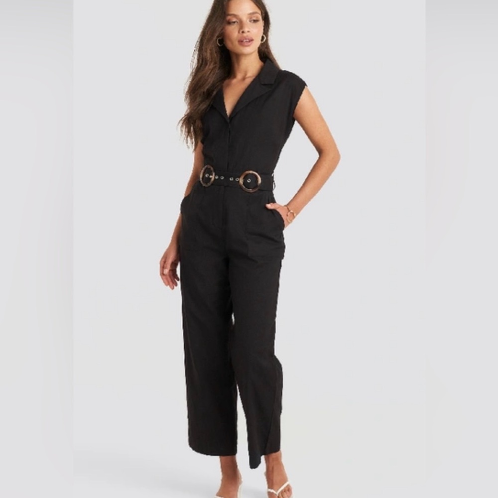 Julia Wieniawa Women’s Black Belted‎ Front Pocket V~Neck Jumpsuit Sz 34